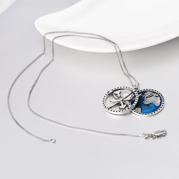 Compass Pendant Necklace Sterling Silver Navy Anchor Travel Map Necklace for Wom - Picture 5 of 7